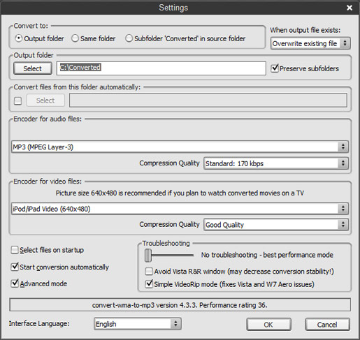 Convert WMA to MP3 software settings